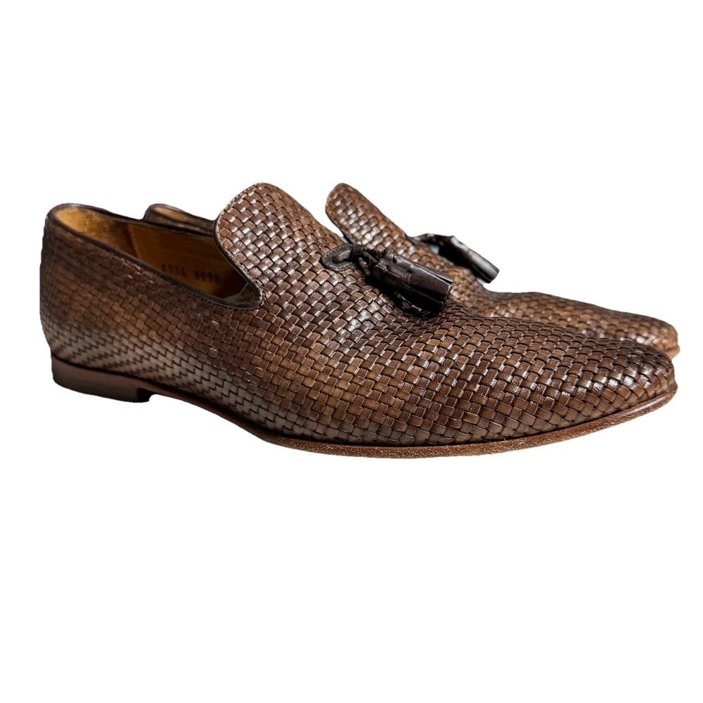 Carlos Santos Woven Leather Tassel Loafers Mens 8.5 Brown Dress Shoes EUC
